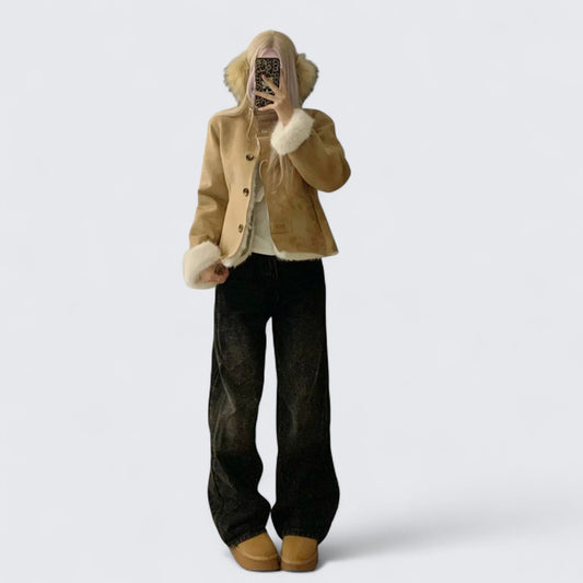 Khaki Fur Jacket with White Top and Blue Jeans Y2K Three - Piece Set - tutufox - 