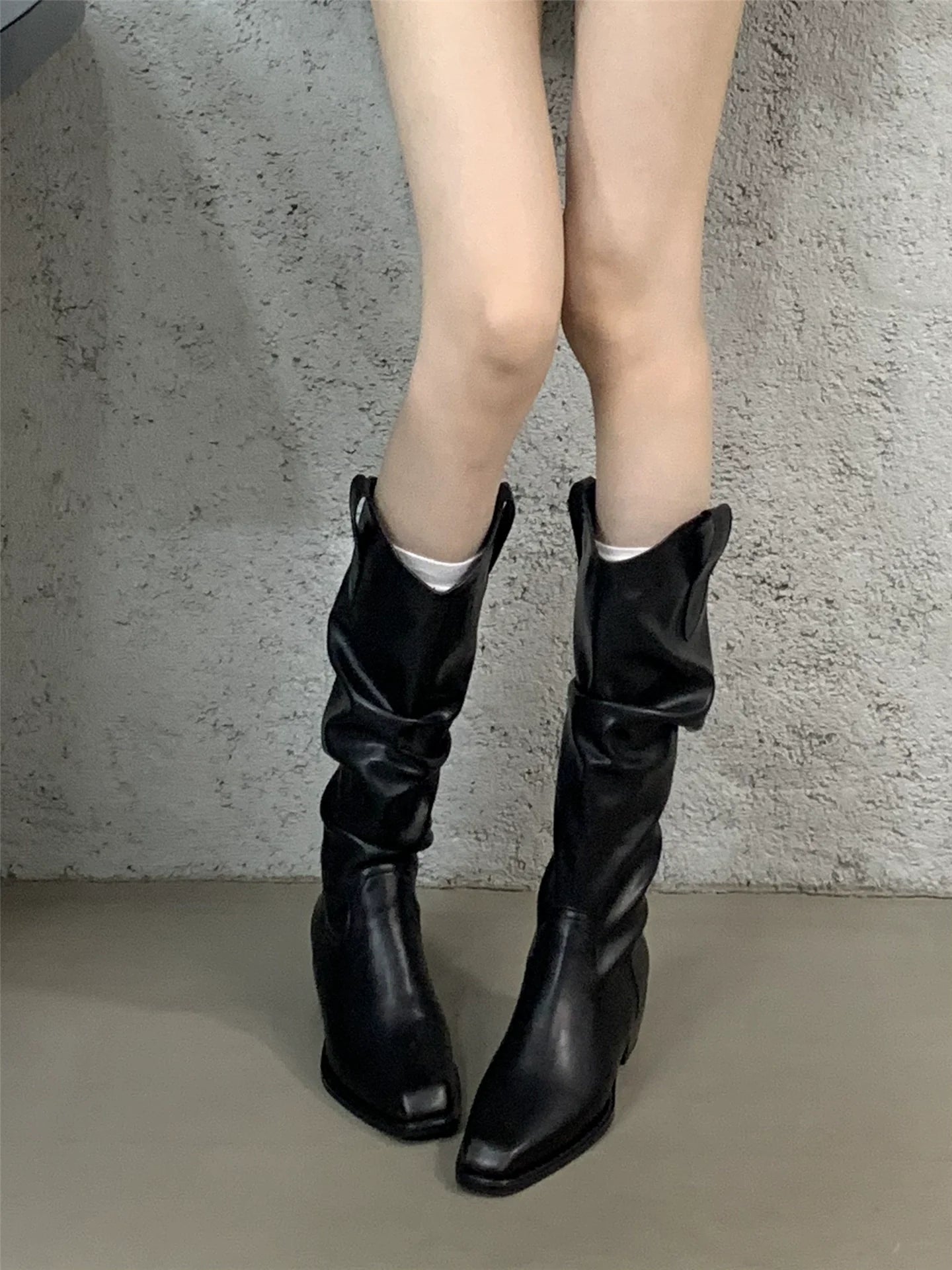 Korean Distressed Slouchy Wide Calf V - Cut Over The Knee Slimming Spicy Girl Chunky Heel Slim Boots - tutufox - shoes