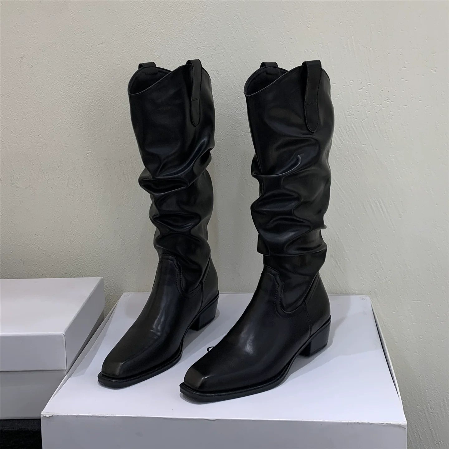 Korean Distressed Slouchy Wide Calf V - Cut Over The Knee Slimming Spicy Girl Chunky Heel Slim Boots - tutufox - shoes