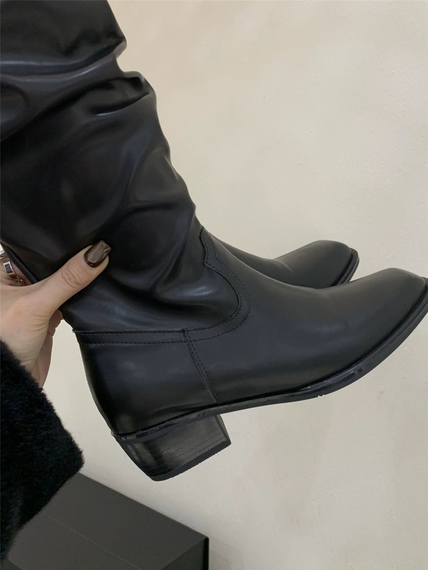 Korean Distressed Slouchy Wide Calf V - Cut Over The Knee Slimming Spicy Girl Chunky Heel Slim Boots - tutufox - shoes