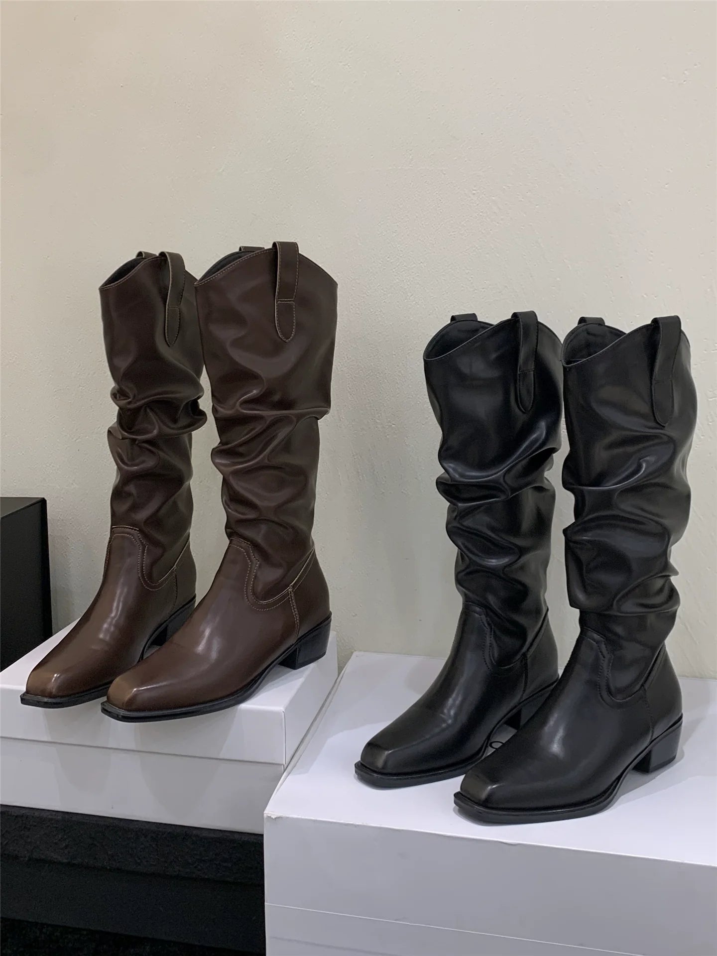 Korean Distressed Slouchy Wide Calf V - Cut Over The Knee Slimming Spicy Girl Chunky Heel Slim Boots - tutufox - shoes