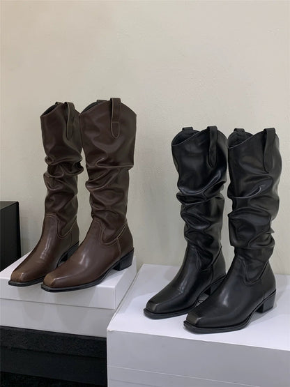 Korean Distressed Slouchy Wide Calf V - Cut Over The Knee Slimming Spicy Girl Chunky Heel Slim Boots - tutufox - shoes