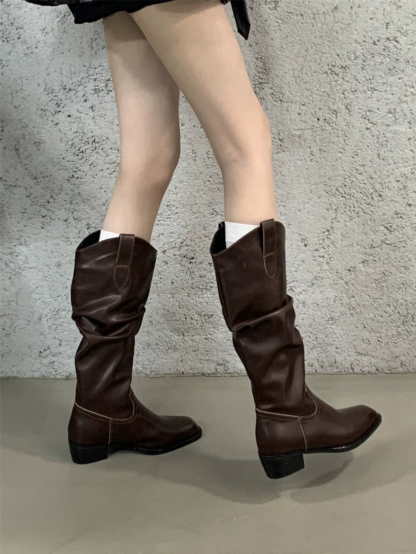 Korean Distressed Slouchy Wide Calf V - Cut Over The Knee Slimming Spicy Girl Chunky Heel Slim Boots - tutufox - shoes