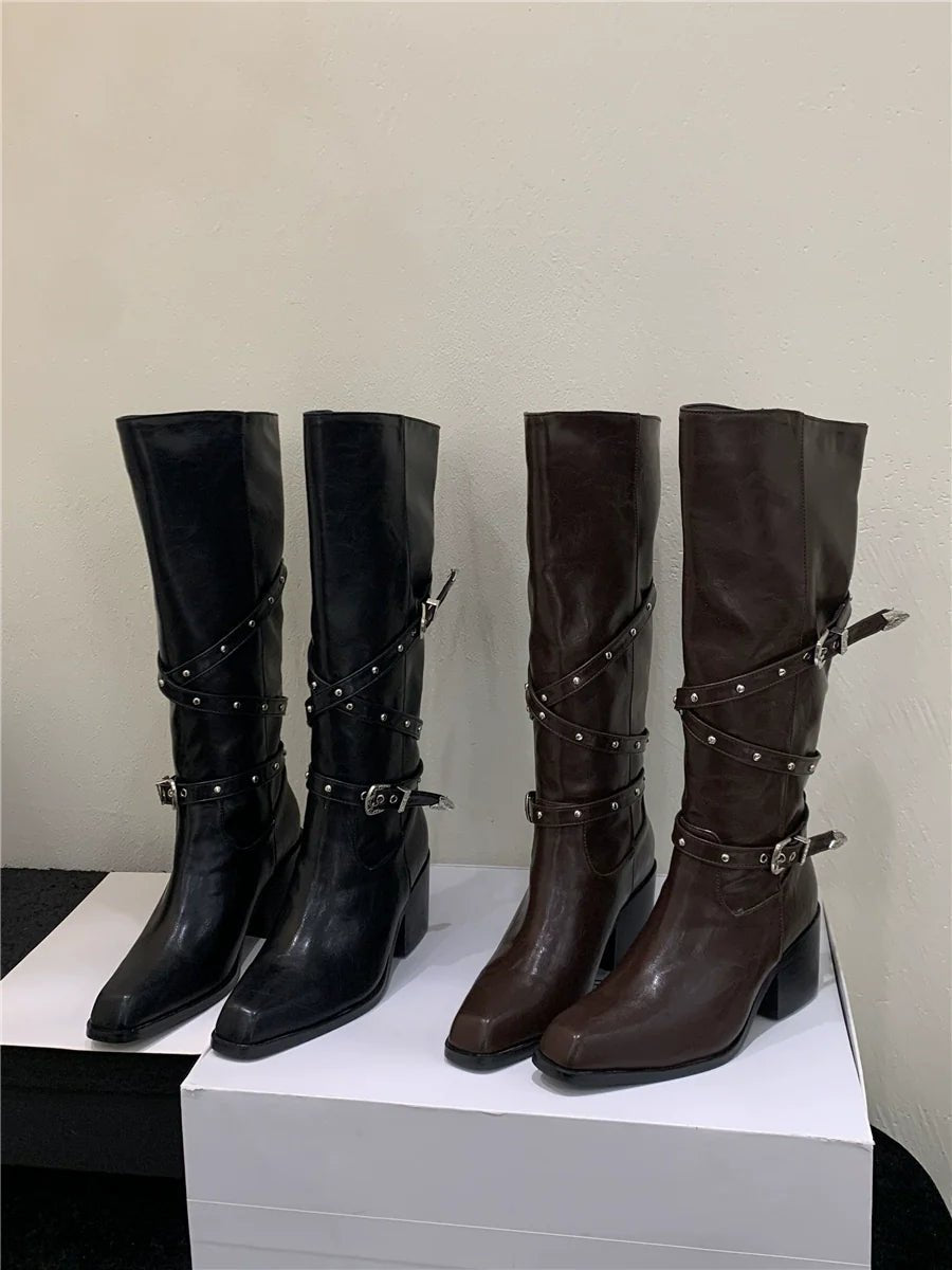 Korean Fashion Boots Luxury Buckle Petite Chunky Heel Knee High Over The Knee Fashionable Slim Boots - tutufox - shoes