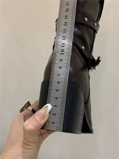 Korean Fashion Boots Luxury Buckle Petite Chunky Heel Knee High Over The Knee Fashionable Slim Boots - tutufox - shoes