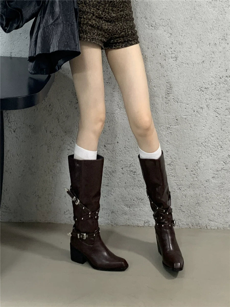 Korean Fashion Boots Luxury Buckle Petite Chunky Heel Knee High Over The Knee Fashionable Slim Boots - tutufox - shoes