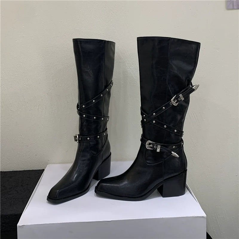 Korean Fashion Boots Luxury Buckle Petite Chunky Heel Knee High Over The Knee Fashionable Slim Boots - tutufox - shoes