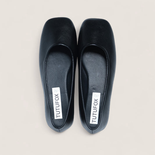 Black Soft Leather Square Toe Ballet Flats