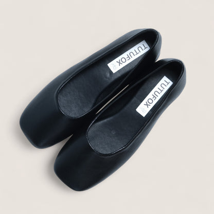 Black Soft Leather Square Toe Ballet Flats