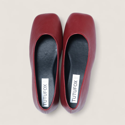 Red Leather Square Toe Flats