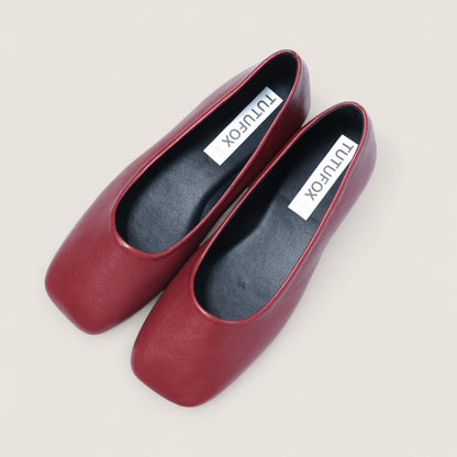 Red Leather Square Toe Flats