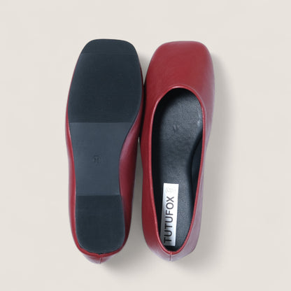 Red Leather Square Toe Flats