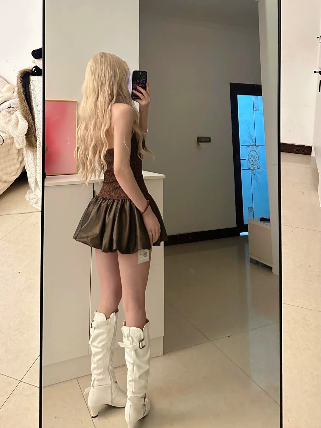 Leopard Bustier Top and Olive Ruffle Skirt Y2K Two Piece Sets - tutufox - 