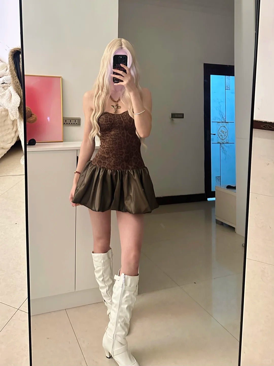 Leopard Bustier Top and Olive Ruffle Skirt Y2K Two Piece Sets - tutufox - 