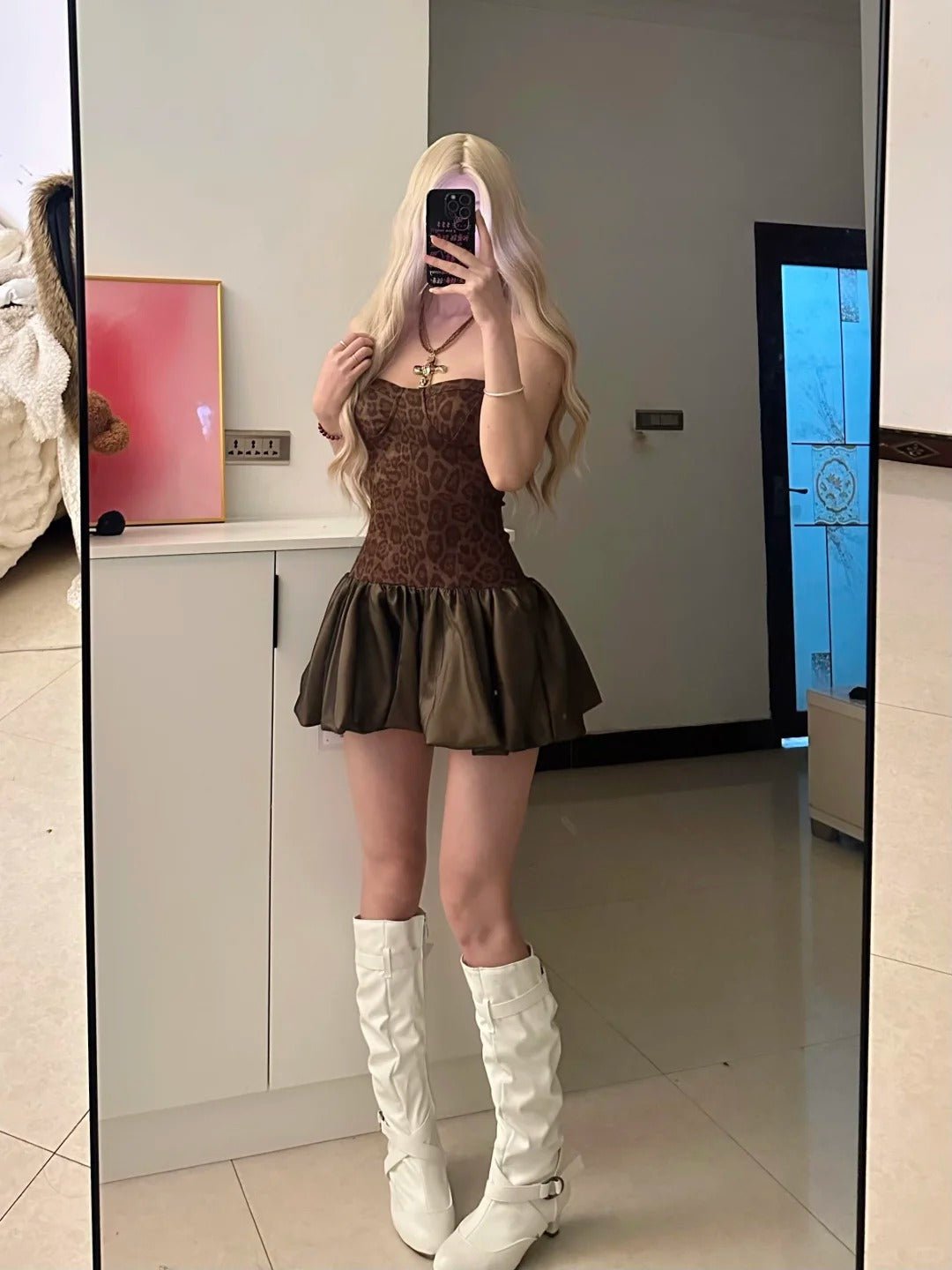 Leopard Bustier Top and Olive Ruffle Skirt Y2K Two Piece Sets - tutufox - 