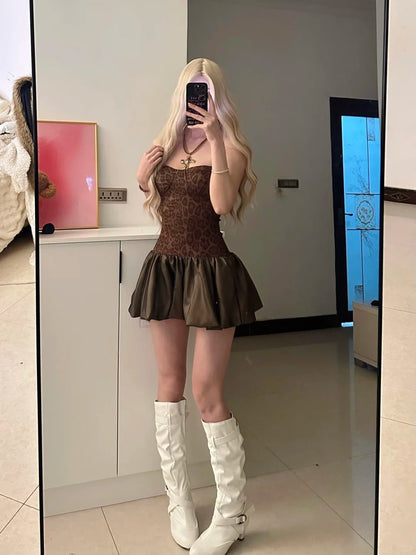 Leopard Bustier Top and Olive Ruffle Skirt Y2K Two Piece Sets - tutufox - 