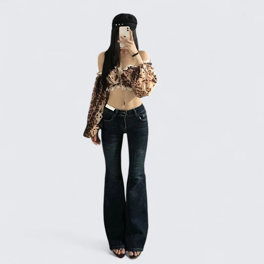 Leopard Off - Shoulder Lace Trim Crop Top and Dark Blue Flared Jeans Y2K Two Pieces Sets - tutufox - 