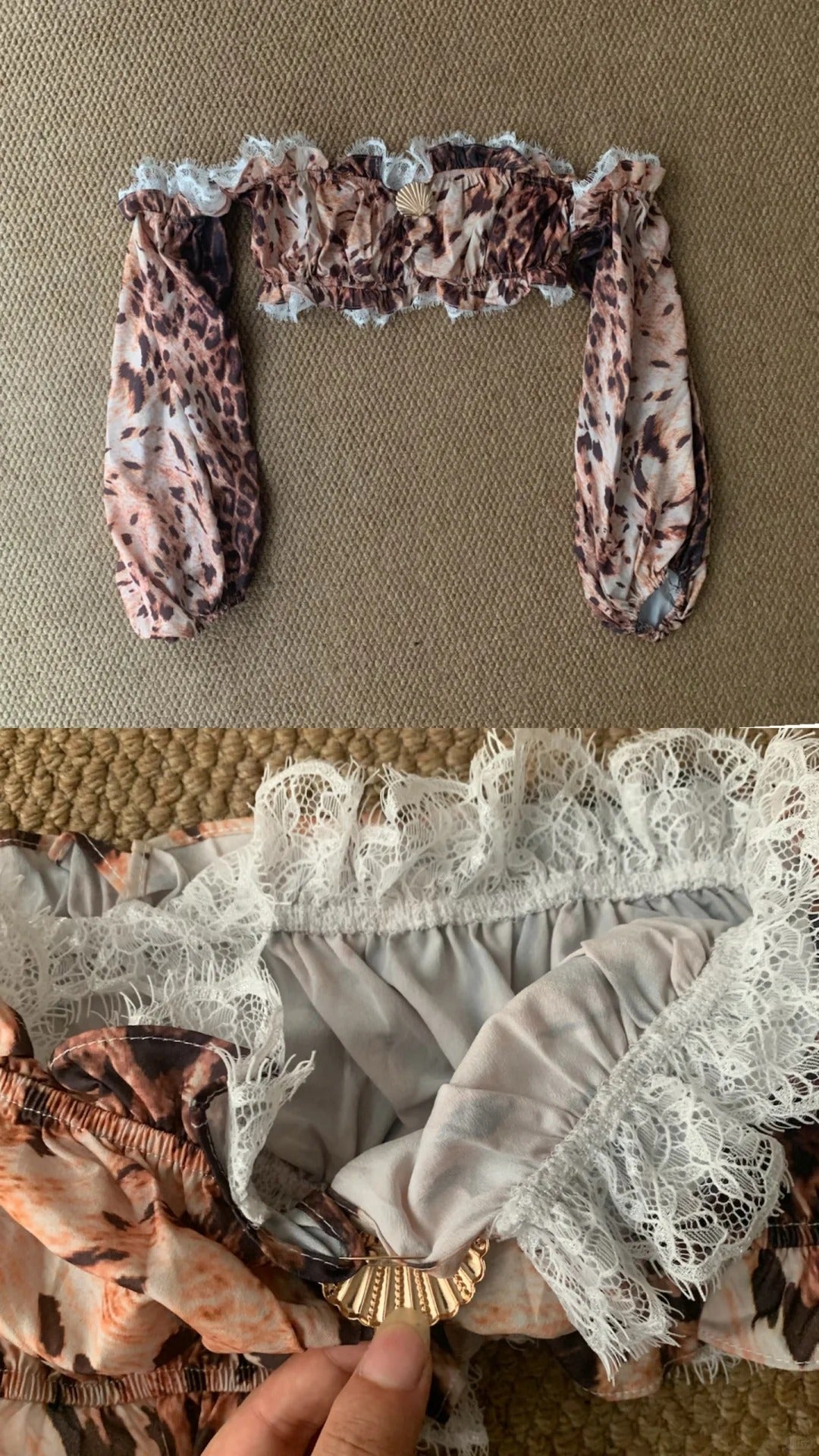 Leopard Off - Shoulder Lace Trim Crop Top and Dark Blue Flared Jeans Y2K Two Pieces Sets - tutufox - 