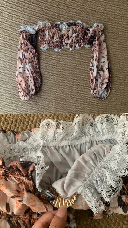 Leopard Off - Shoulder Lace Trim Crop Top and Dark Blue Flared Jeans Y2K Two Pieces Sets - tutufox - 