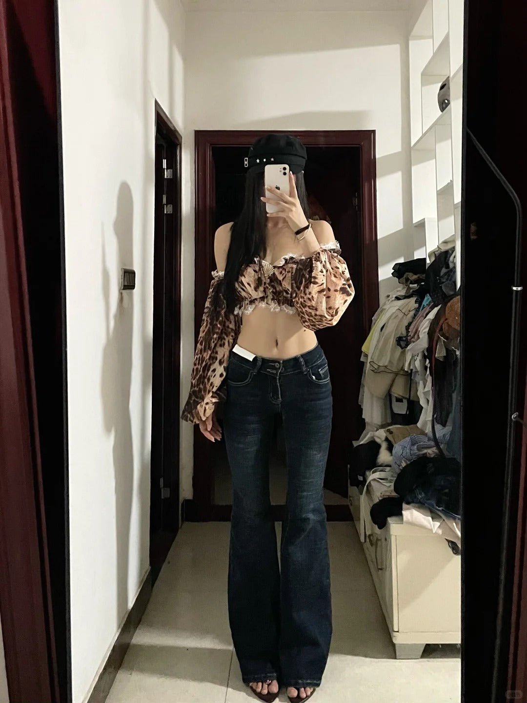 Leopard Off - Shoulder Lace Trim Crop Top and Dark Blue Flared Jeans Y2K Two Pieces Sets - tutufox - 