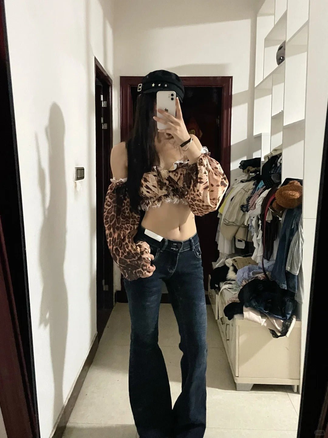 Leopard Off - Shoulder Lace Trim Crop Top and Dark Blue Flared Jeans Y2K Two Pieces Sets - tutufox - 