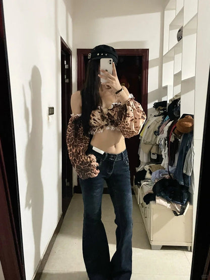 Leopard Off - Shoulder Lace Trim Crop Top and Dark Blue Flared Jeans Y2K Two Pieces Sets - tutufox - 
