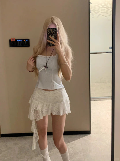 Light Blue Striped Cami Top and White Lace Hem Mini Skirt Y2K Two Piece Sets - tutufox - 