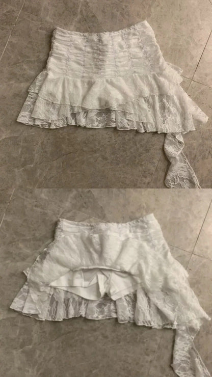 Light Blue Striped Cami Top and White Lace Hem Mini Skirt Y2K Two Piece Sets - tutufox - 