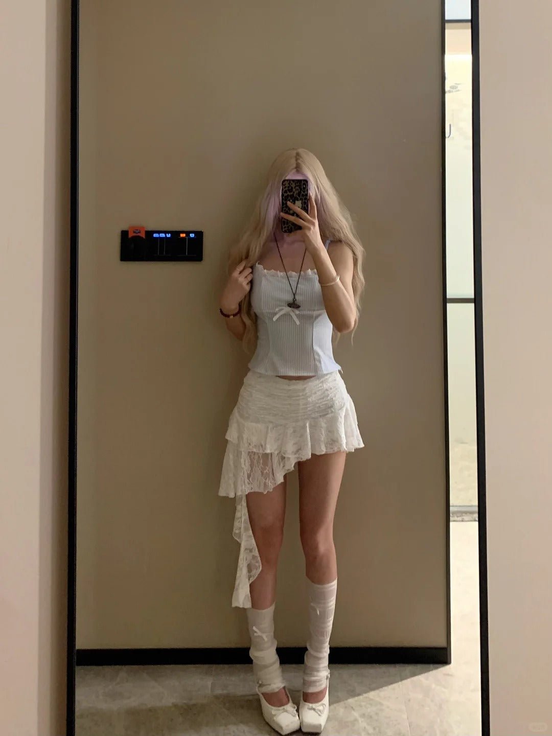 Light Blue Striped Cami Top and White Lace Hem Mini Skirt Y2K Two Piece Sets - tutufox - 