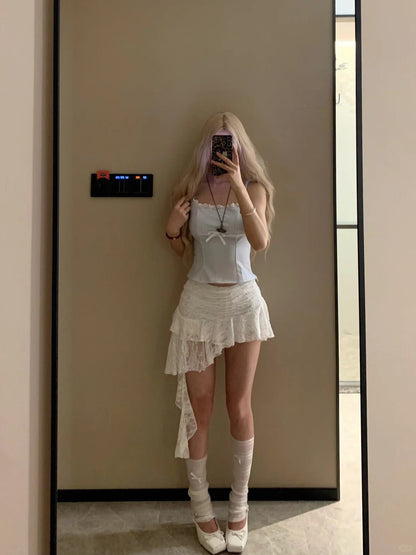 Light Blue Striped Cami Top and White Lace Hem Mini Skirt Y2K Two Piece Sets - tutufox - 