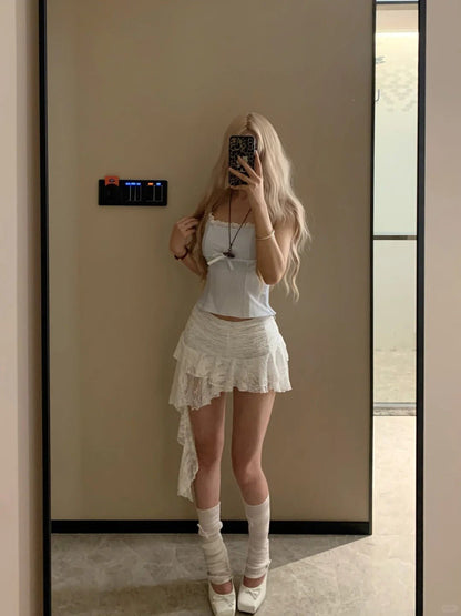 Light Blue Striped Cami Top and White Lace Hem Mini Skirt Y2K Two Piece Sets - tutufox - 