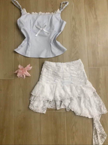 Light Blue Striped Cami Top and White Lace Hem Mini Skirt Y2K Two Piece Sets - tutufox - 