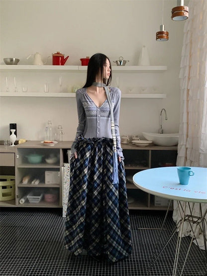 Light Gray Long - Sleeve V - Neck Knit Top With White Patterns and Blue - White - Brown Plaid Flowy Maxi Skirt Set - tutufox - women sets
