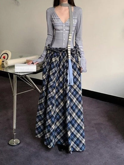 Light Gray Long - Sleeve V - Neck Knit Top With White Patterns and Blue - White - Brown Plaid Flowy Maxi Skirt Set - tutufox - women sets
