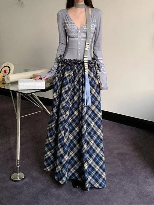 Light Gray Long - Sleeve V - Neck Knit Top With White Patterns and Blue - White - Brown Plaid Flowy Maxi Skirt Set - tutufox - women sets