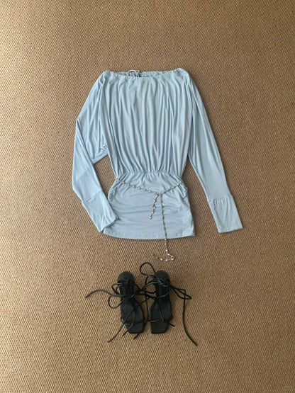 Light Teal Off - Shoulder Long Sleeve Bodycon Mini Dress Y2K Dress - tutufox - 