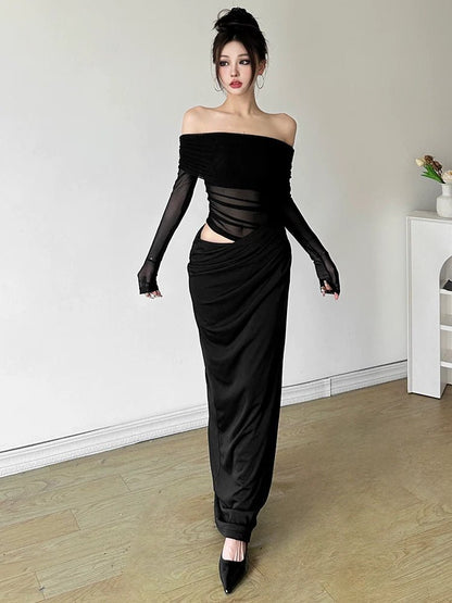 Mature Elegant Tulle - Paneled Off - The - Shoulder Cutout Waist Slimming Fall Maxi Dress - tutufox - 