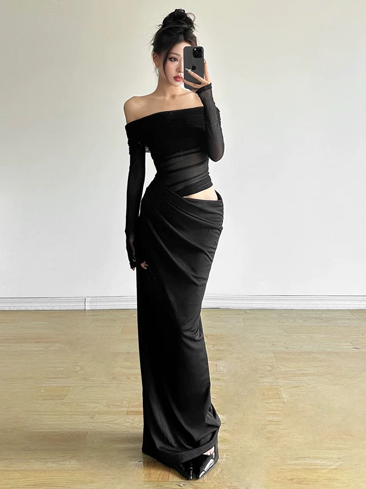 Mature Elegant Tulle - Paneled Off - The - Shoulder Cutout Waist Slimming Fall Maxi Dress - tutufox - 