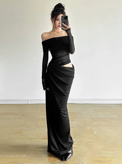 Mature Elegant Tulle - Paneled Off - The - Shoulder Cutout Waist Slimming Fall Maxi Dress - tutufox - 