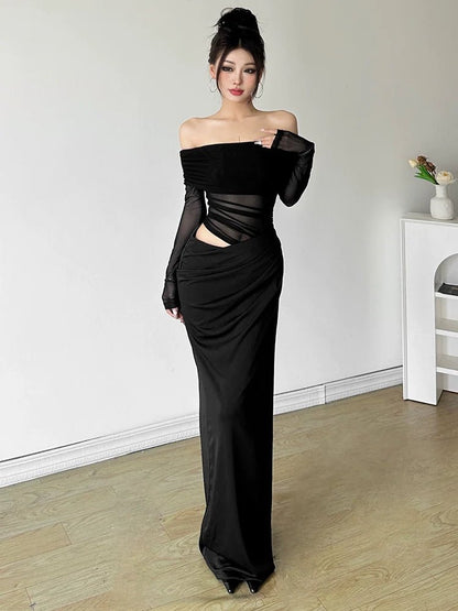Mature Elegant Tulle - Paneled Off - The - Shoulder Cutout Waist Slimming Fall Maxi Dress - tutufox - 