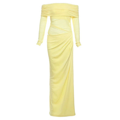 Mature Elegant Tulle - Paneled Off - The - Shoulder Cutout Waist Slimming Fall Maxi Dress - tutufox - 