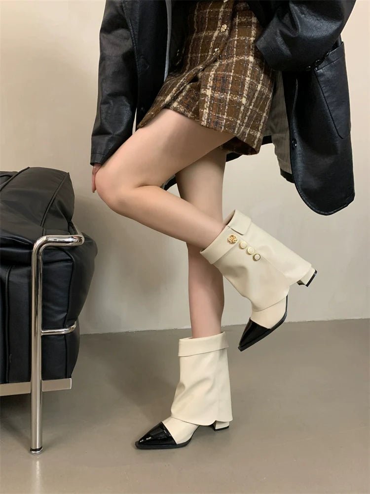 Minimalist Chic Color Block Chunky Heel Ankle Boots Women Fall Winter New Fashionable Versatile Pointed Toe Trouser High Heel Biker Boots - tutufox - shoes