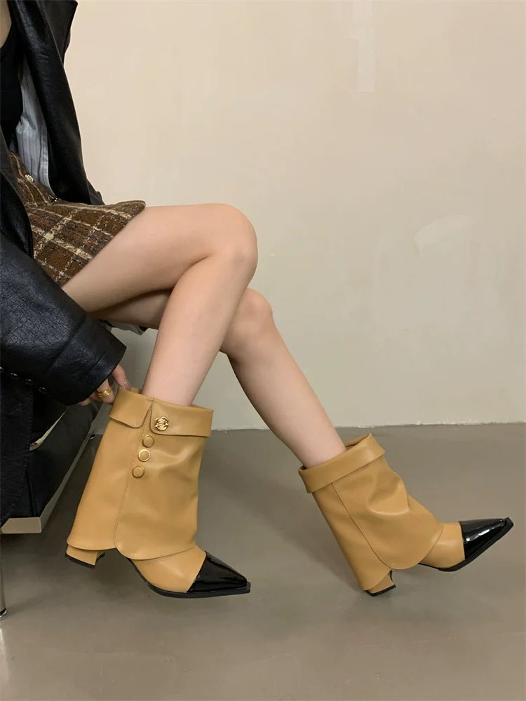 Minimalist Chic Color Block Chunky Heel Ankle Boots Women Fall Winter New Fashionable Versatile Pointed Toe Trouser High Heel Biker Boots - tutufox - shoes