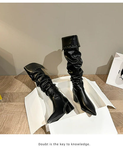 Minimalist Pointed Toe Slouchy Knee High Boots Women New Spicy Girl Chunky Heel Slouchy Over The Knee Slimming Knee High Boots - tutufox - shoes
