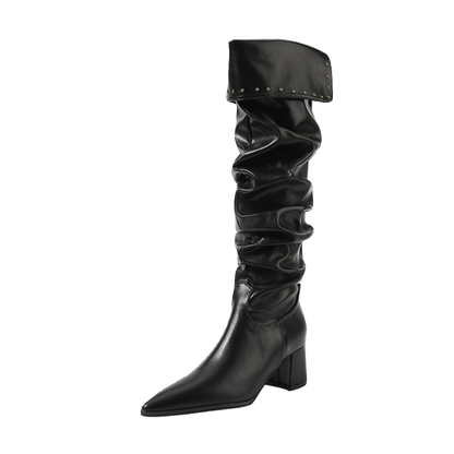 Minimalist Pointed Toe Slouchy Knee High Boots Women New Spicy Girl Chunky Heel Slouchy Over The Knee Slimming Knee High Boots - tutufox - shoes