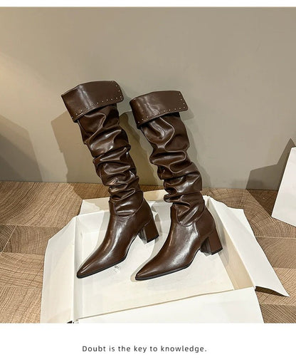 Minimalist Pointed Toe Slouchy Knee High Boots Women New Spicy Girl Chunky Heel Slouchy Over The Knee Slimming Knee High Boots - tutufox - shoes