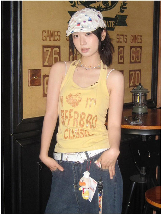 Halter Letter Print Slim Fit Cami Top