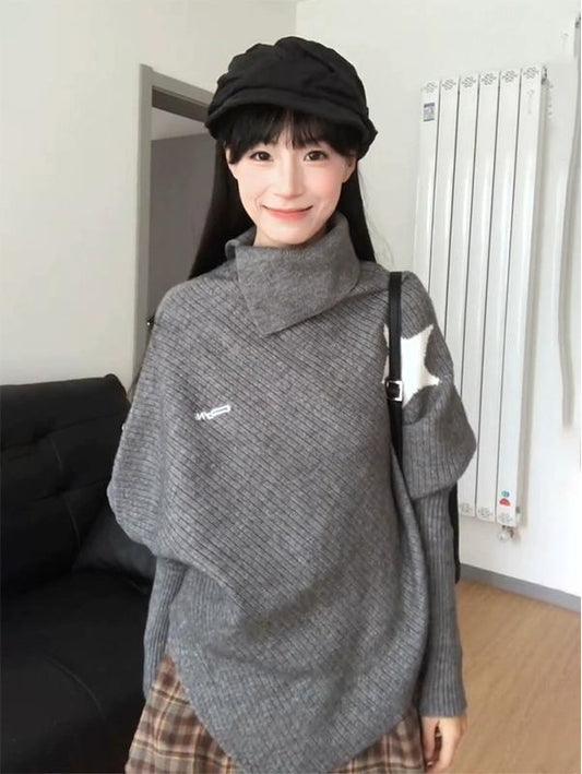 Gray Turtleneck Cape Knit Sweater