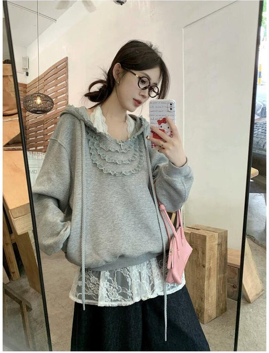 Gray Ruffle Hooded Long Sleeve Hoodie