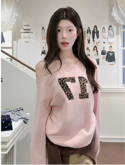 Pink Leopard Off Shoulder Patch Sweatshirt